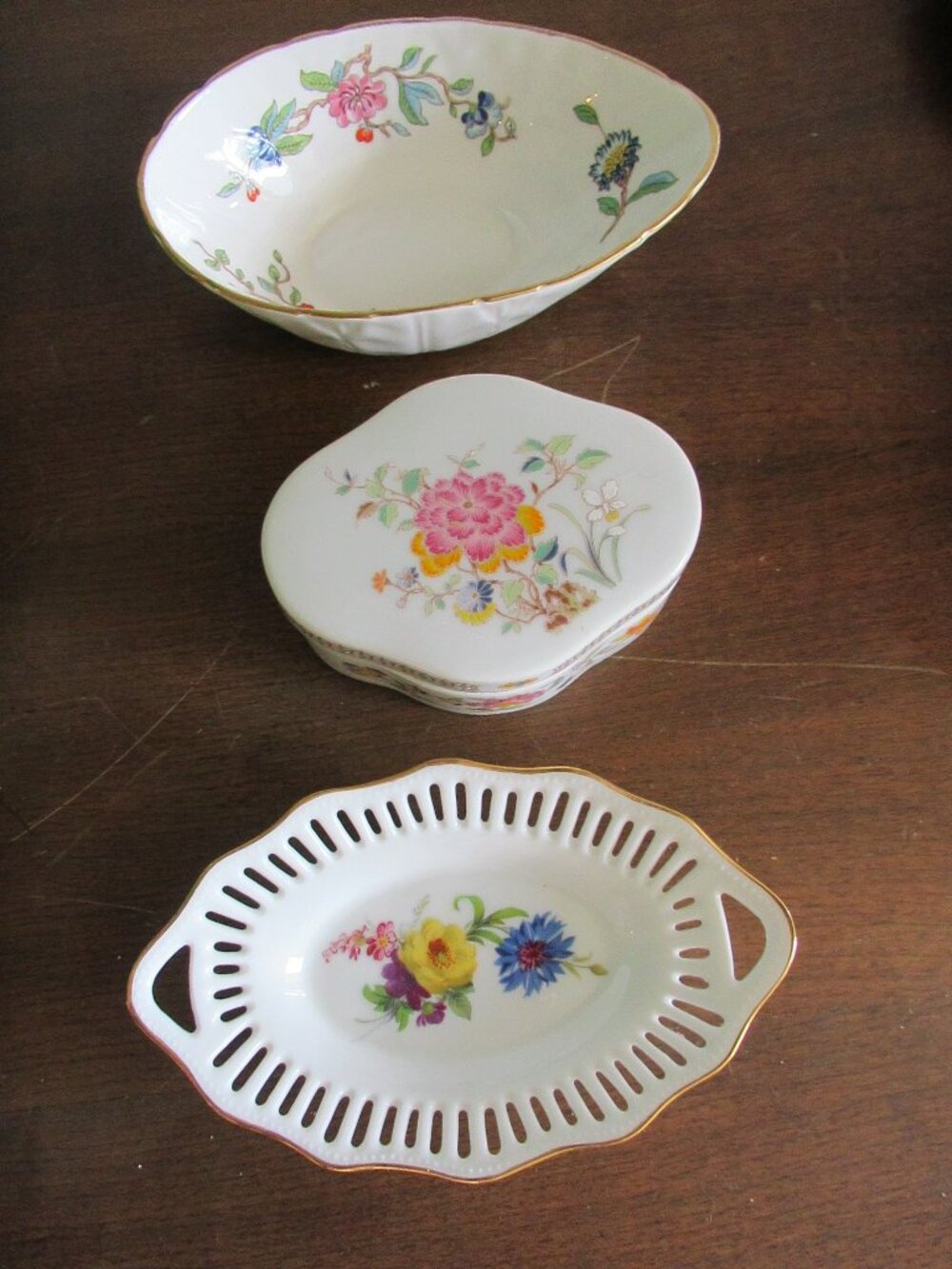 Floral Porcelain Trinket Dish & Boxes Lot of Three